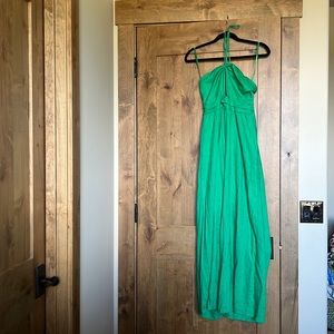 Green Linen Wide Leg Halter Jumpsuit with Keyhole detail